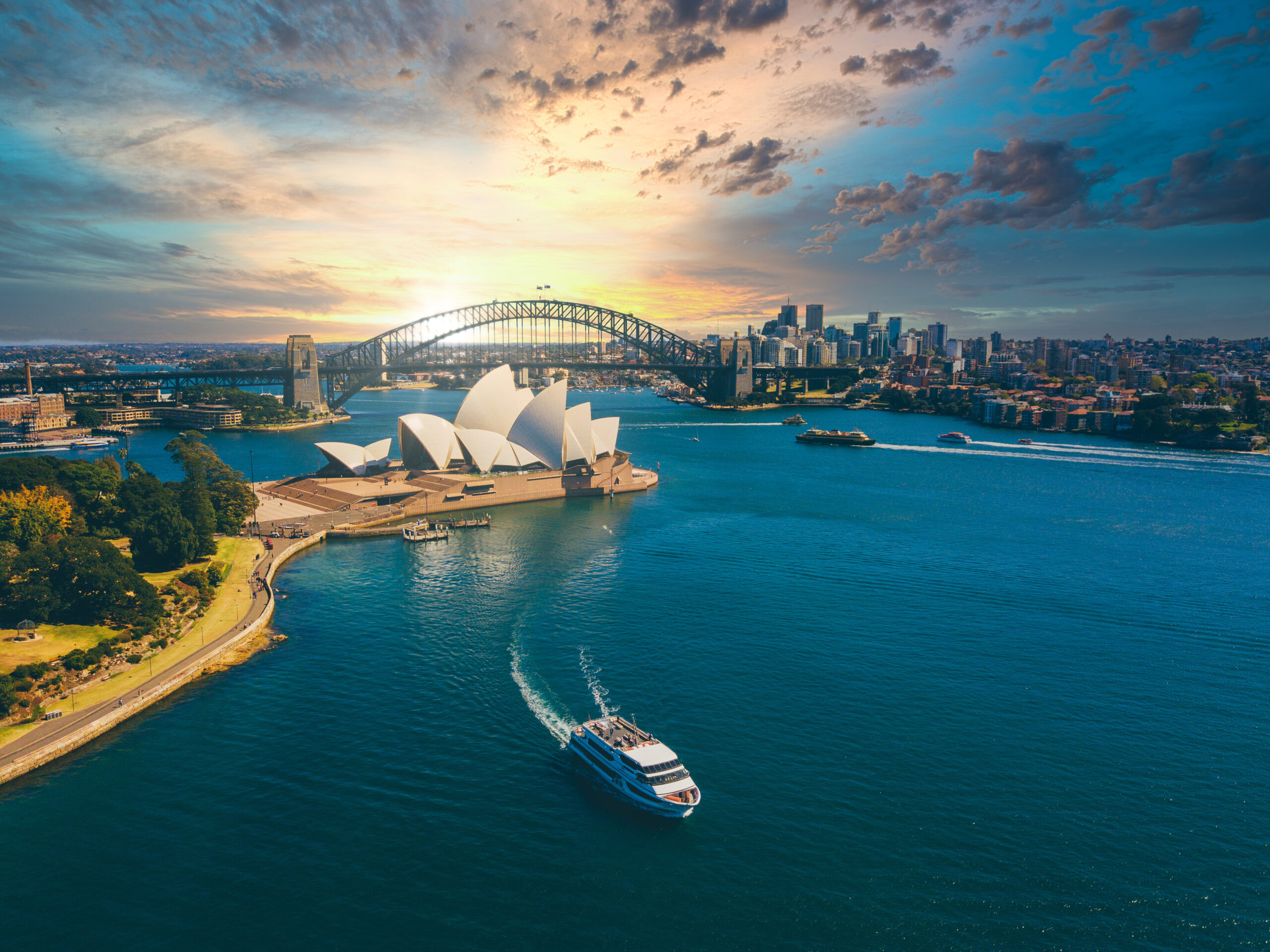 Beautiful aerial view of the Sydney Opera house by the bay in Australia. Panoramic view.