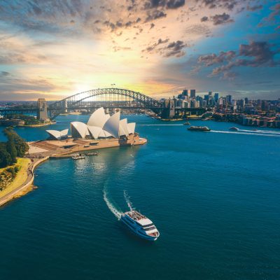 Beautiful aerial view of the Sydney Opera house by the bay in Australia. Panoramic view.